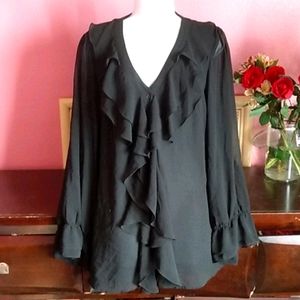Button up long sleeved ruffled sheer top large